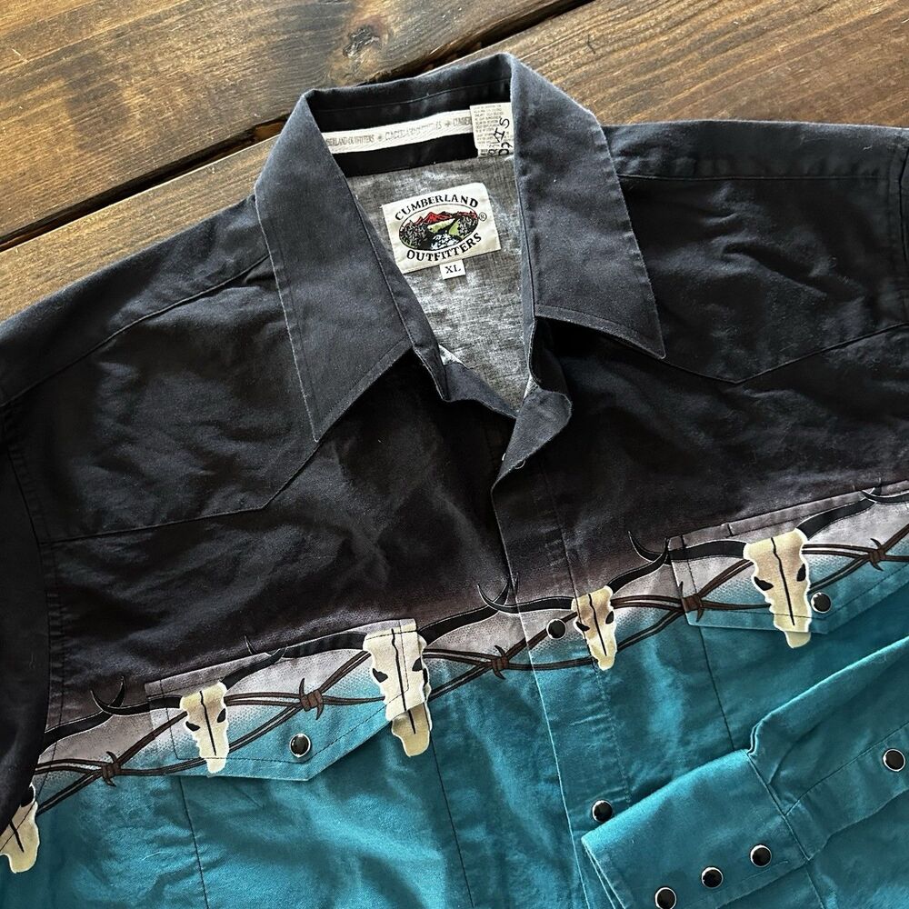 Vintage Cumberland Outfitters Shirt Mens XL Green Steer Skull Western Snap *
